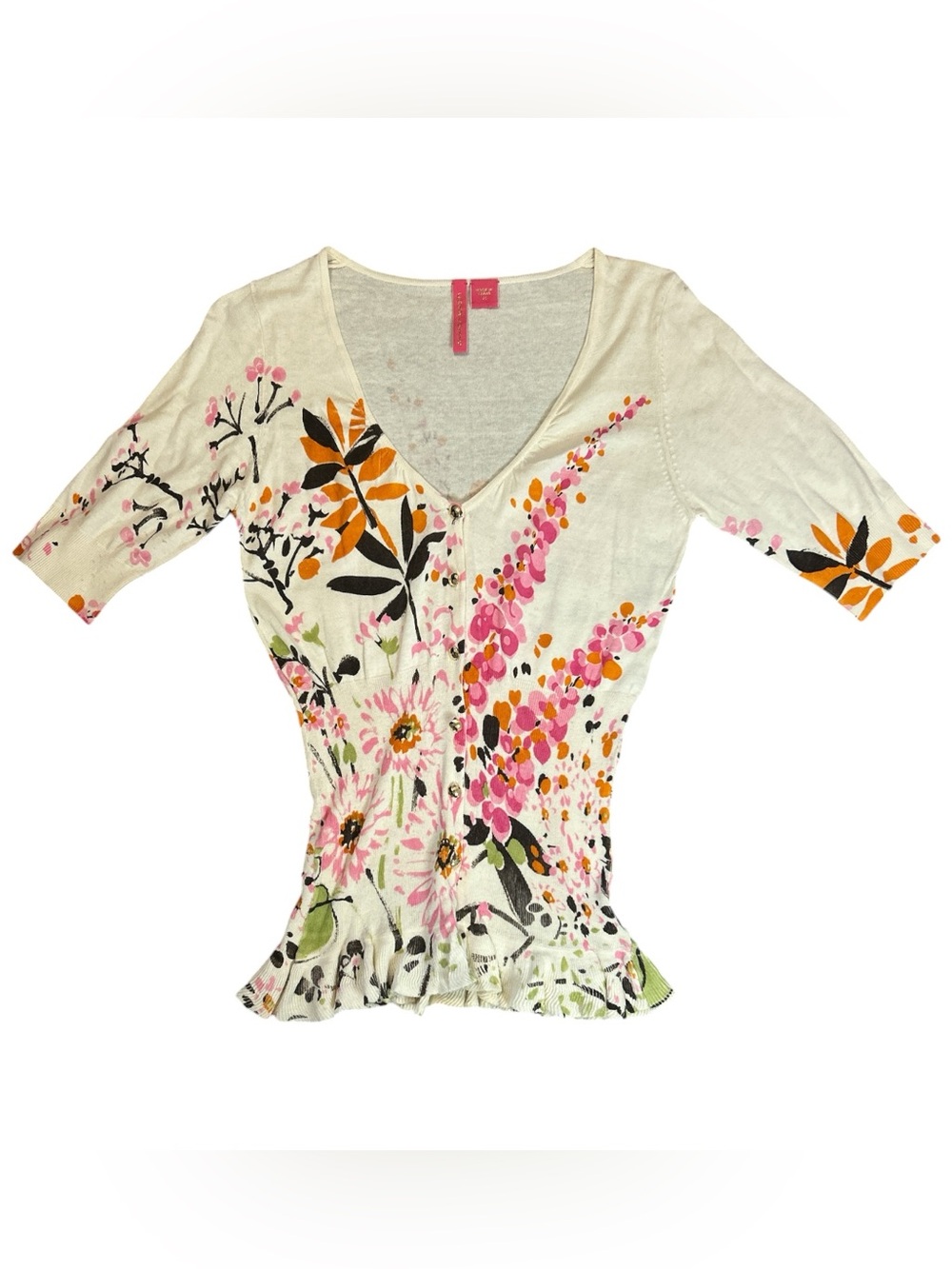 Charlotte Tarantola Silk Cotton Cardigan M Floral Print Ruffle Hem Button Front